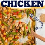 spoon of chicken with text "sheet pan sweet and sour chicken"