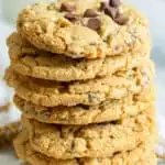 stack of cookies with text "chewy chocolate chip cookies"