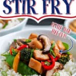 bowl of stir fry with text "chicken stir fry"