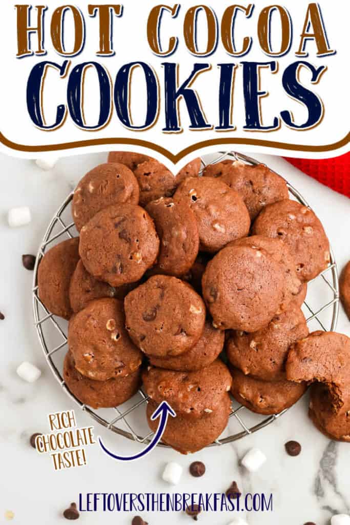chocolate cookies with text "hot cocoa cookies"