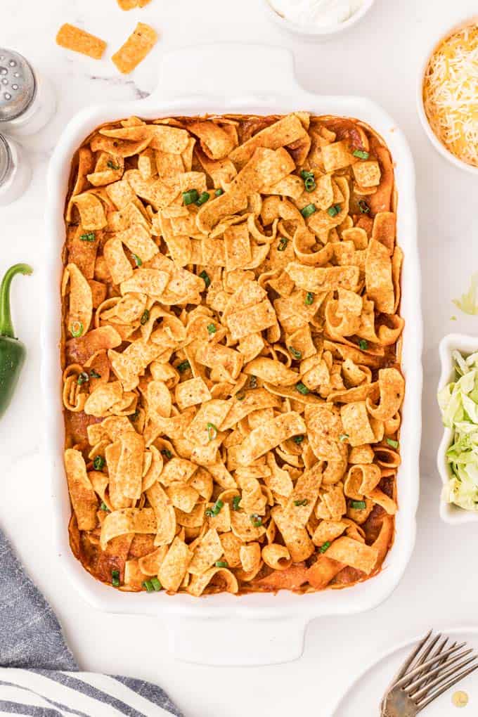 baked frito casserole in dish