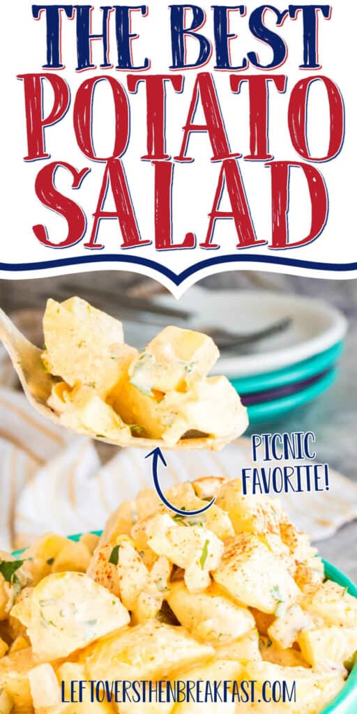spoon of potato with text "the best potato salad"