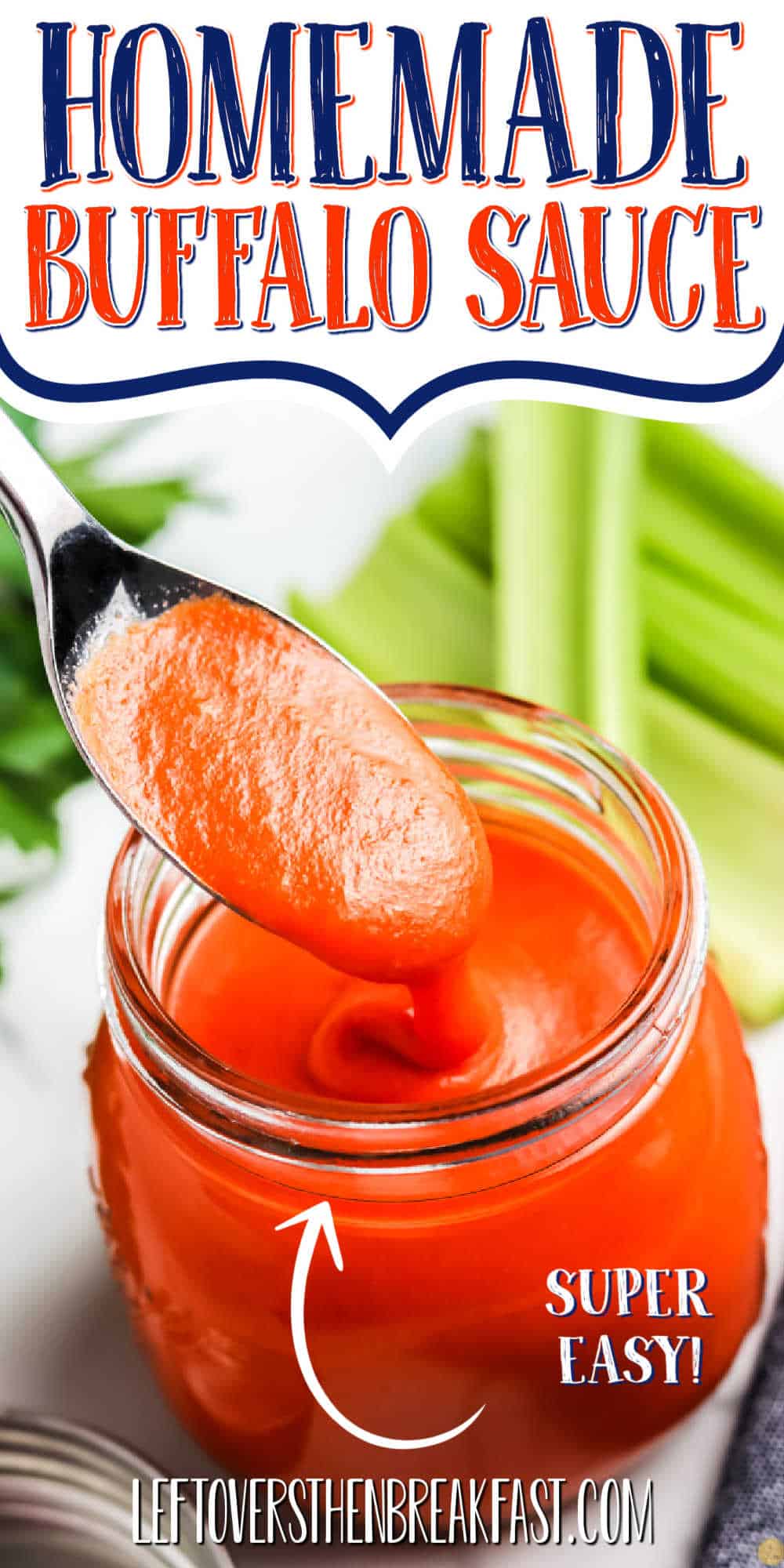 spoon in sauce with text "homemade buffalo sauce"