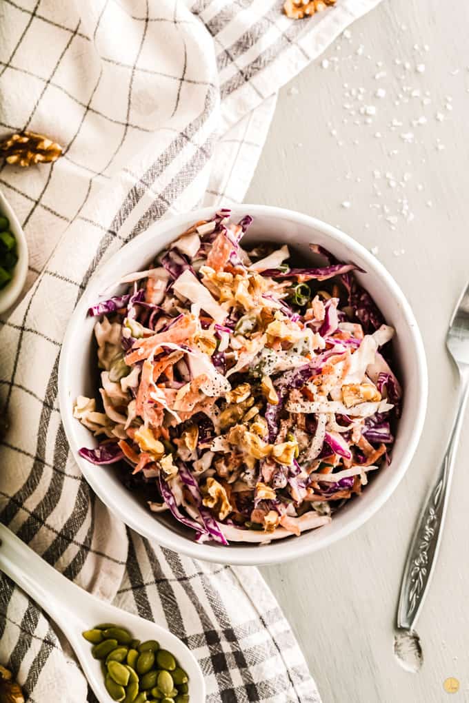 overhead picture of bowl of coleslaw