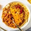 bowl of chili and spaghetti