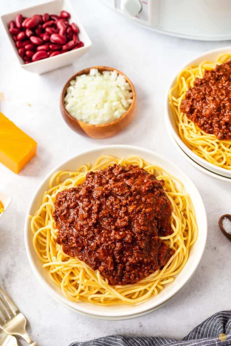 bowl of chili and spaghetti