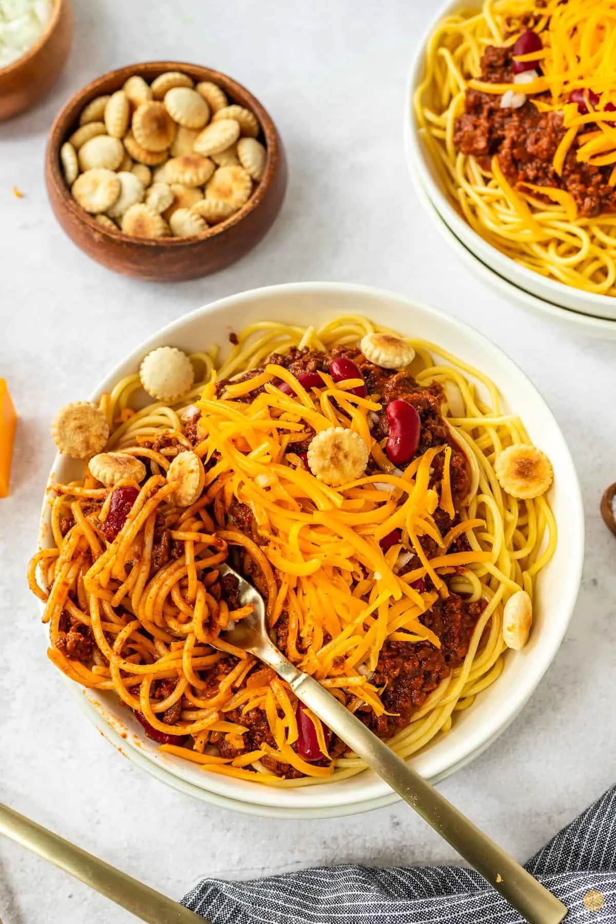 bowl of chili and spaghetti