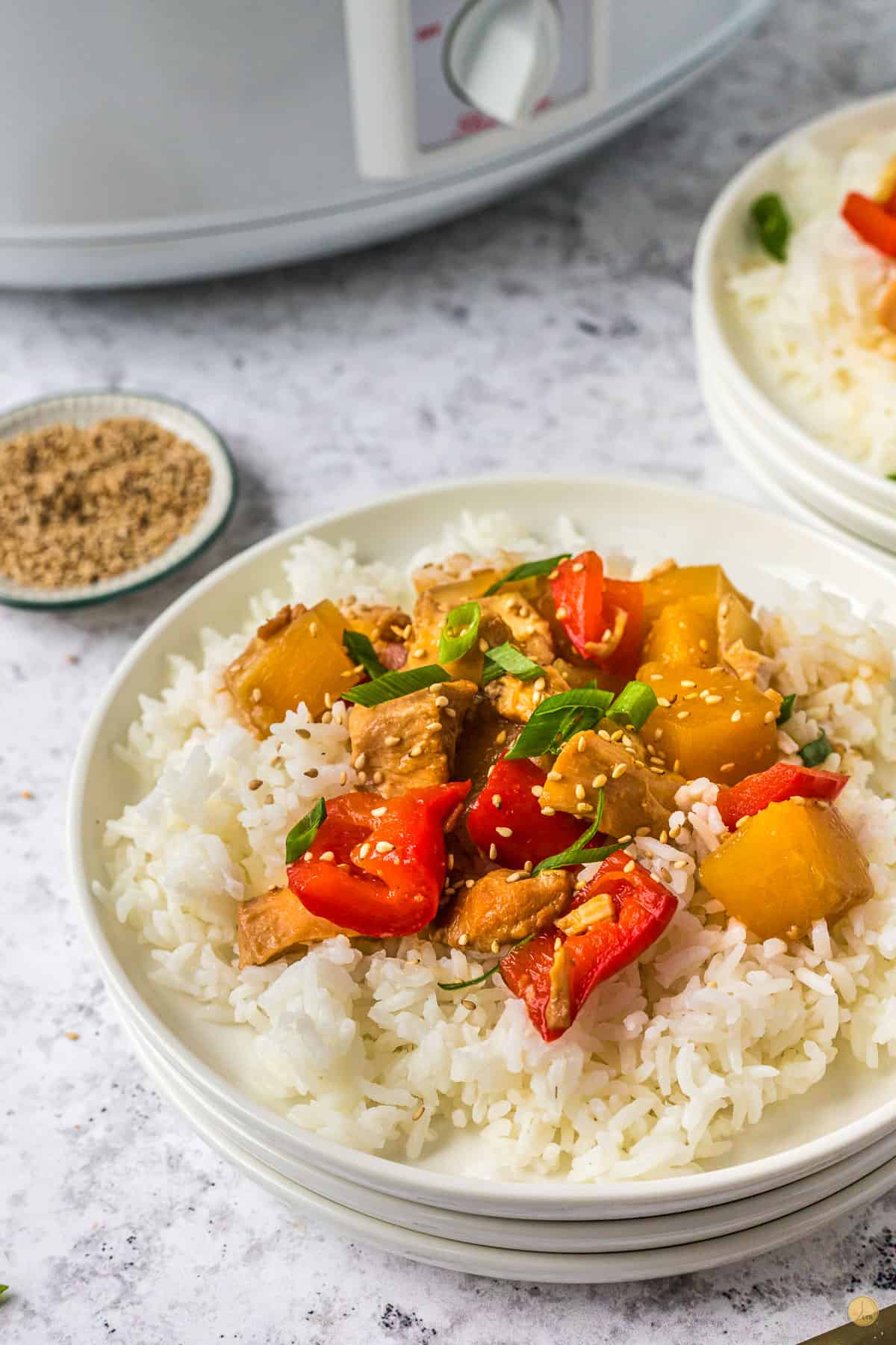 pineapple chicken on white rice