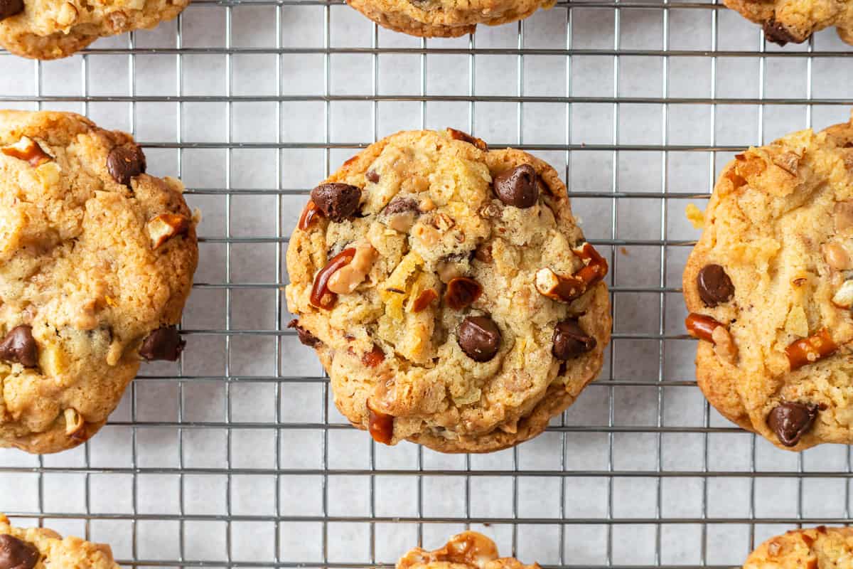 three kitchen sink cookies on a tray