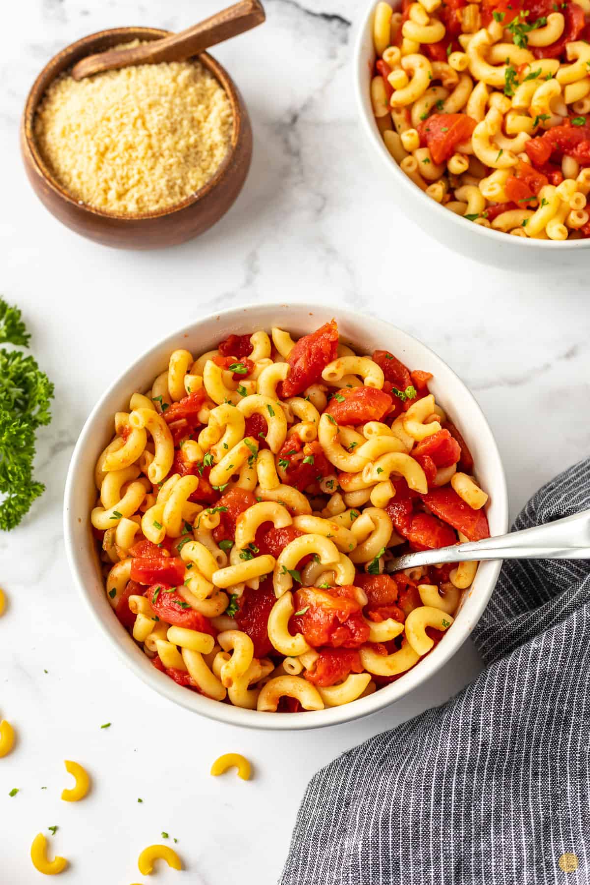 macaroni and tomatoes in a bowl