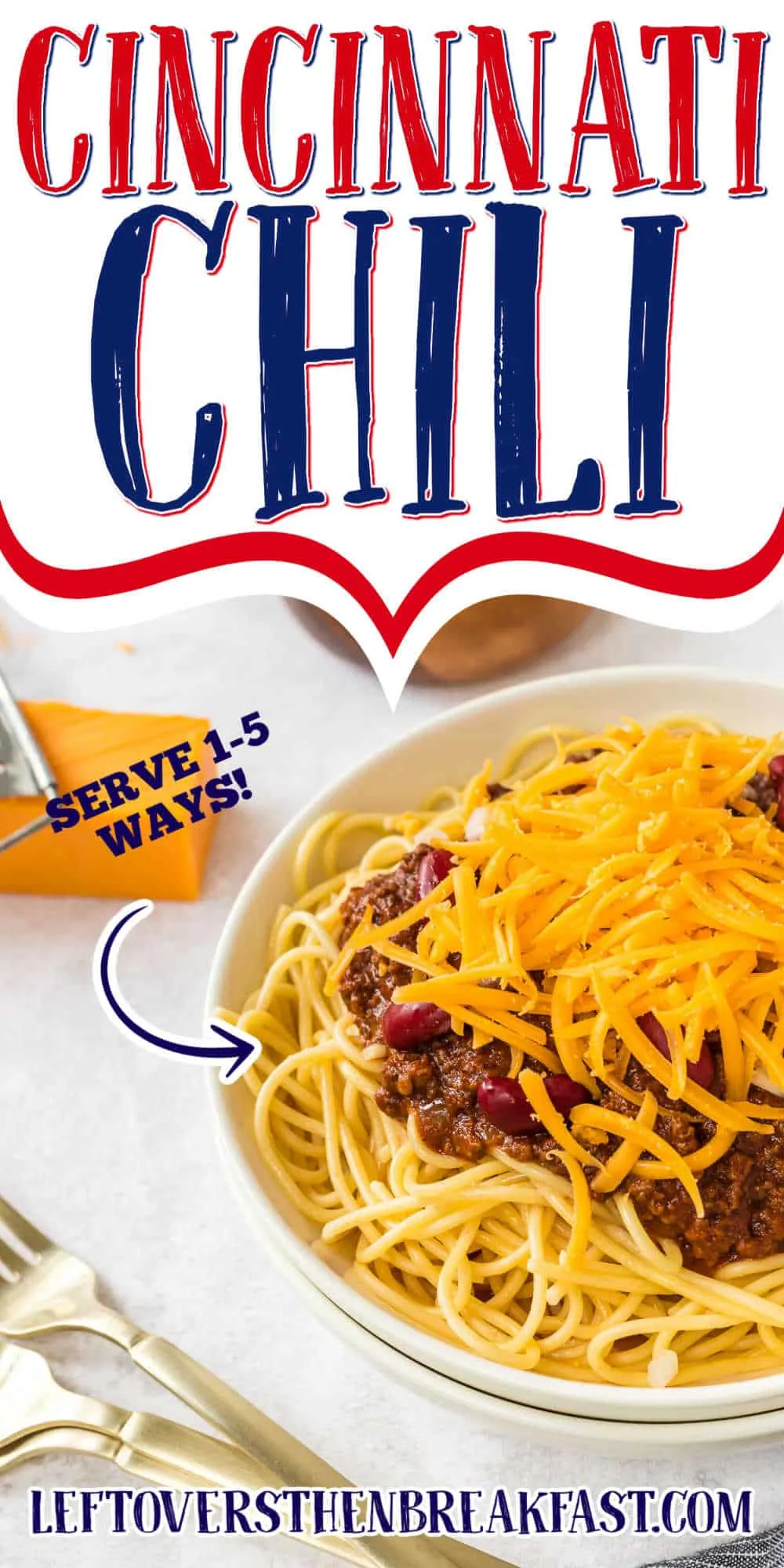 bowl of spaghetti and cheese with text "cincinnati chili"