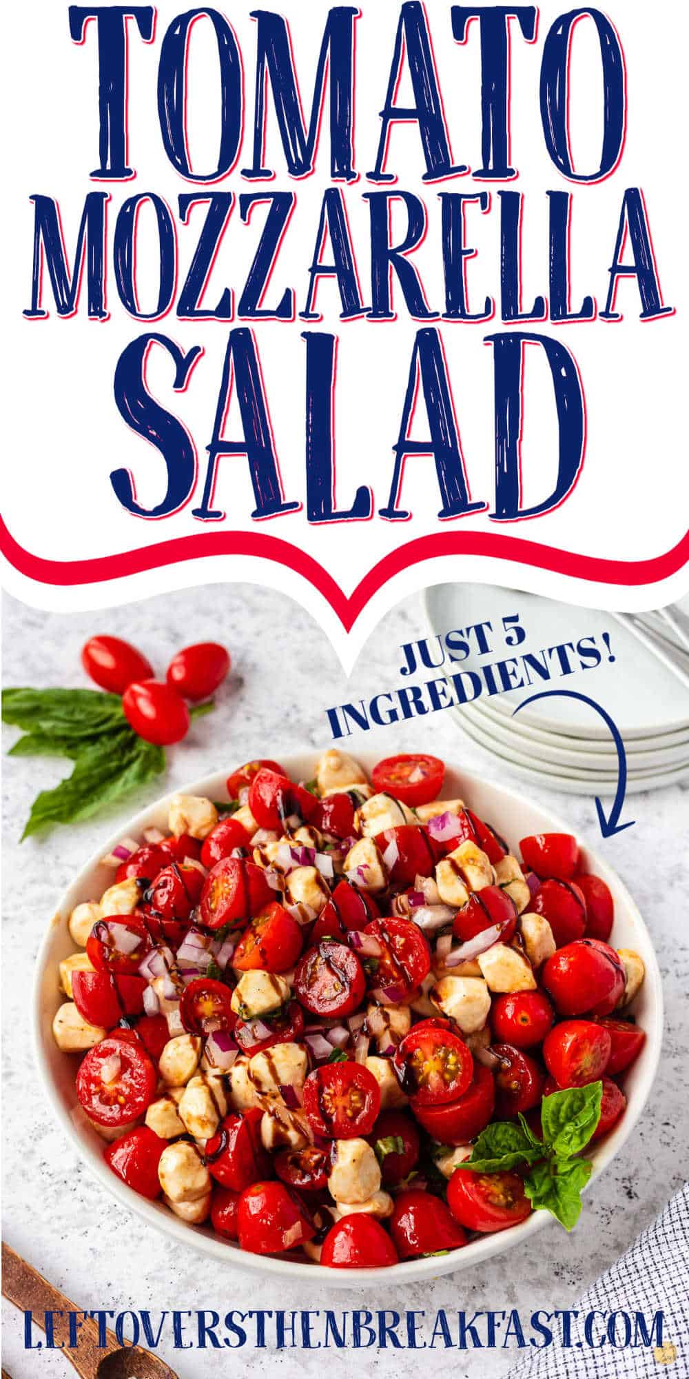 bowl of salad with text "tomato mozzarella salad"