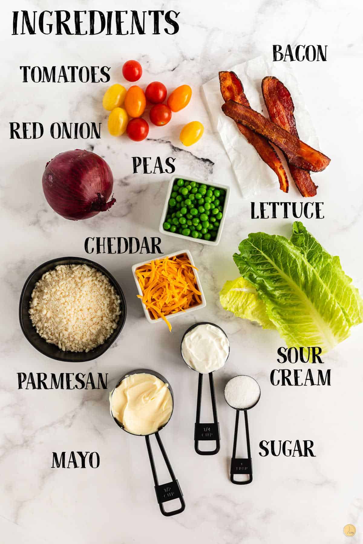 labeled picture of 7 layer salad ingredients
