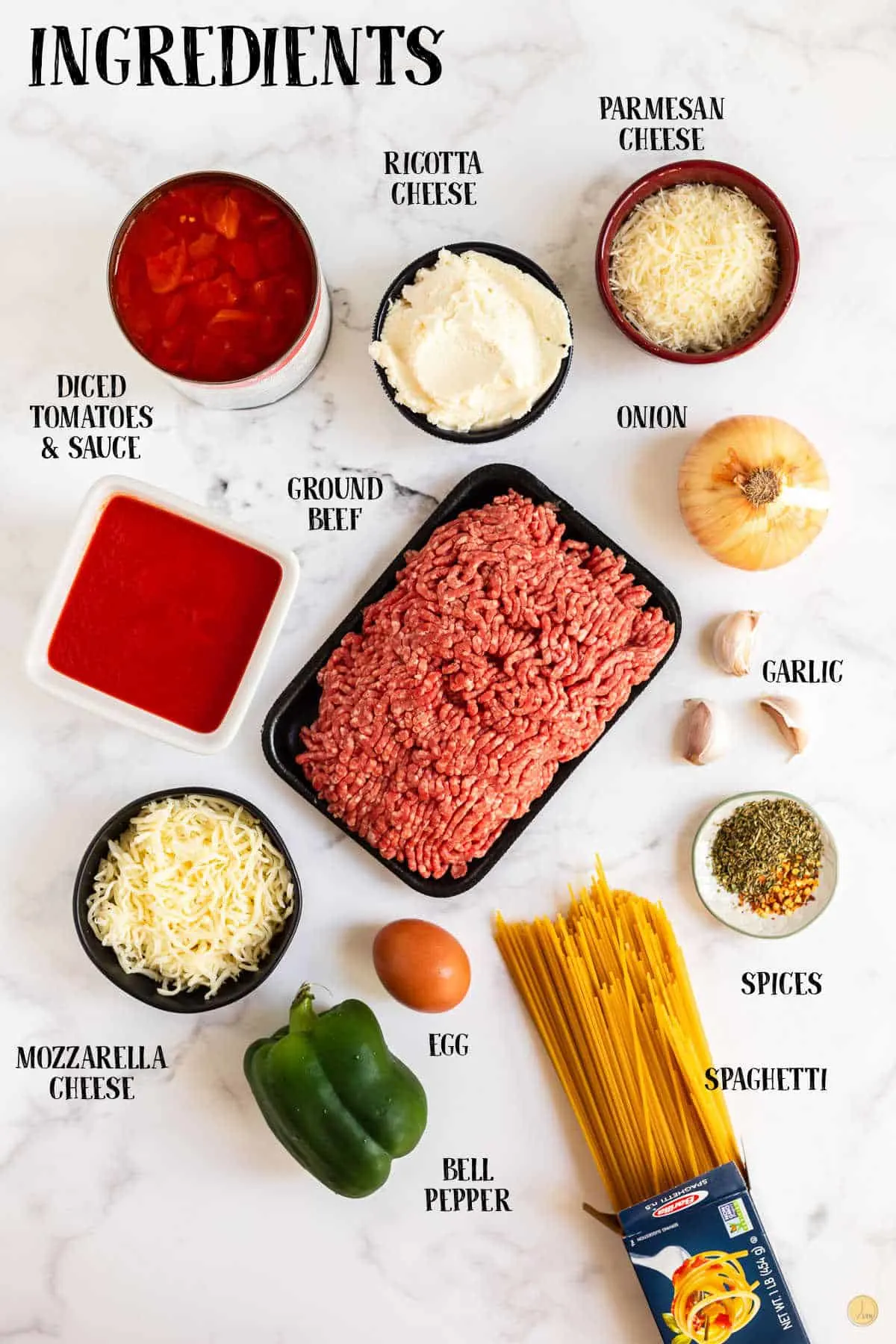 labeled picture of baked spaghetti ingredients