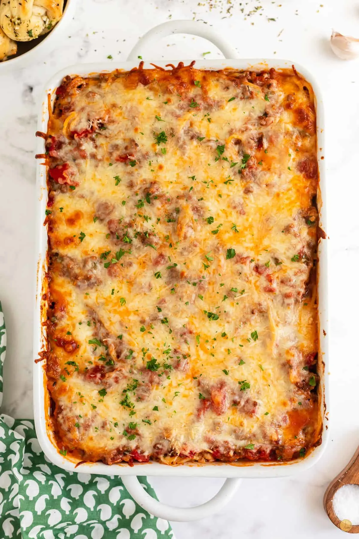 southern baked spaghetti in a casserole dish