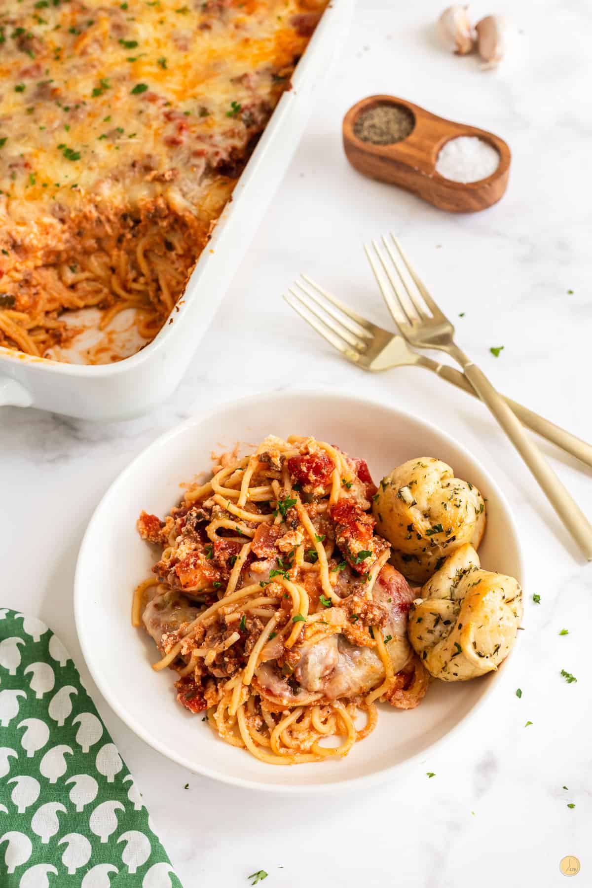 bowl of easy baked spaghetti