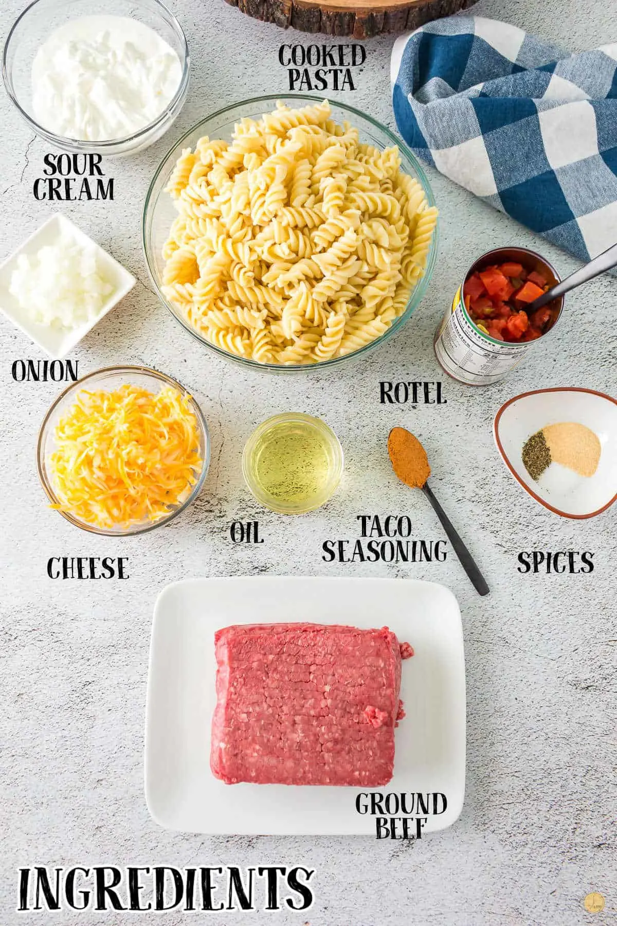 labeled picture of taco pasta ingredients