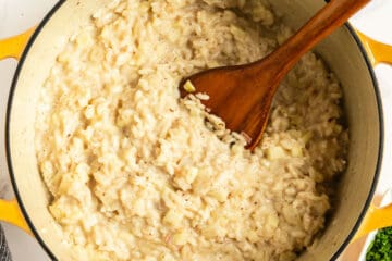 pot of risotto with wood spoon