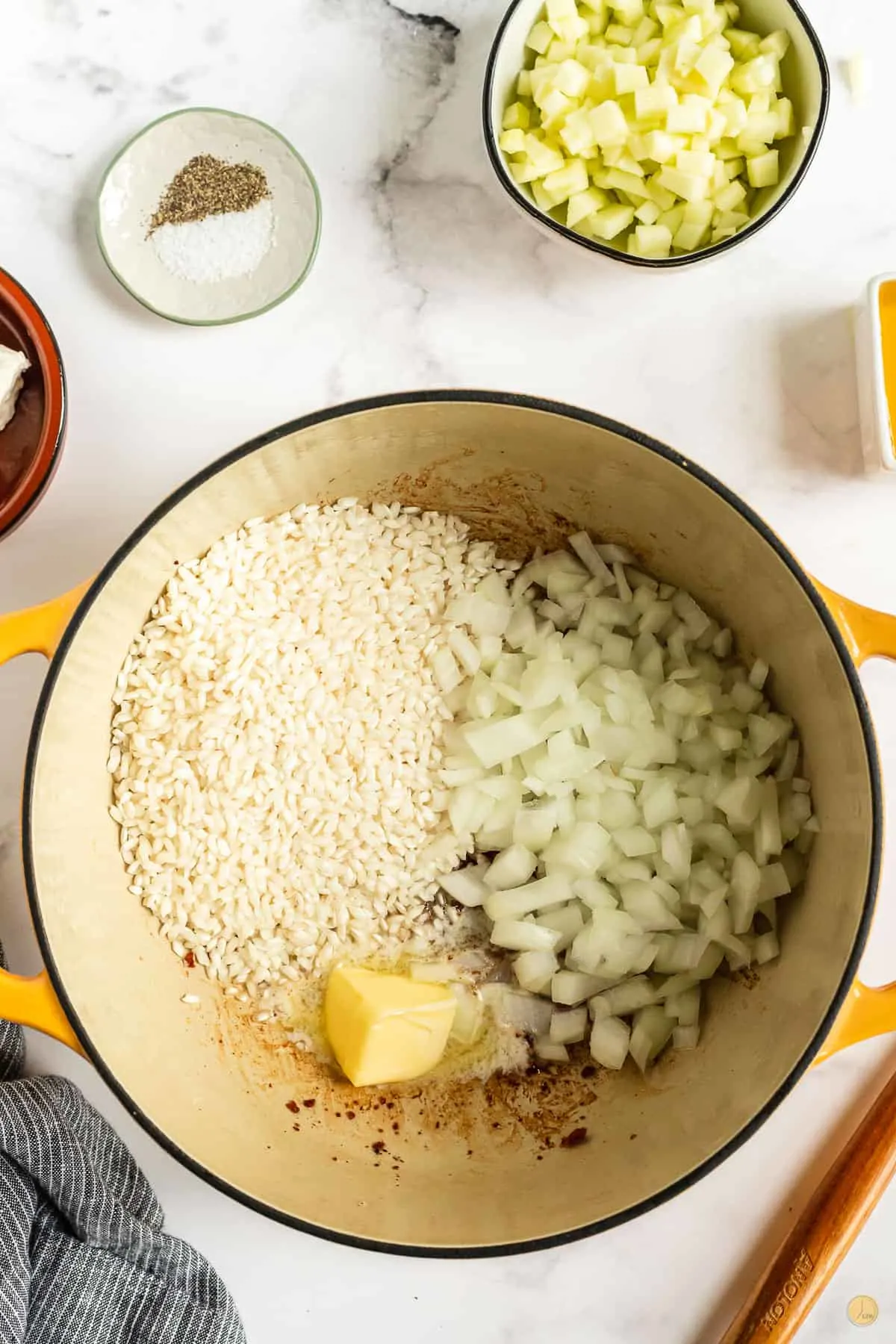 rice and onion in a pot