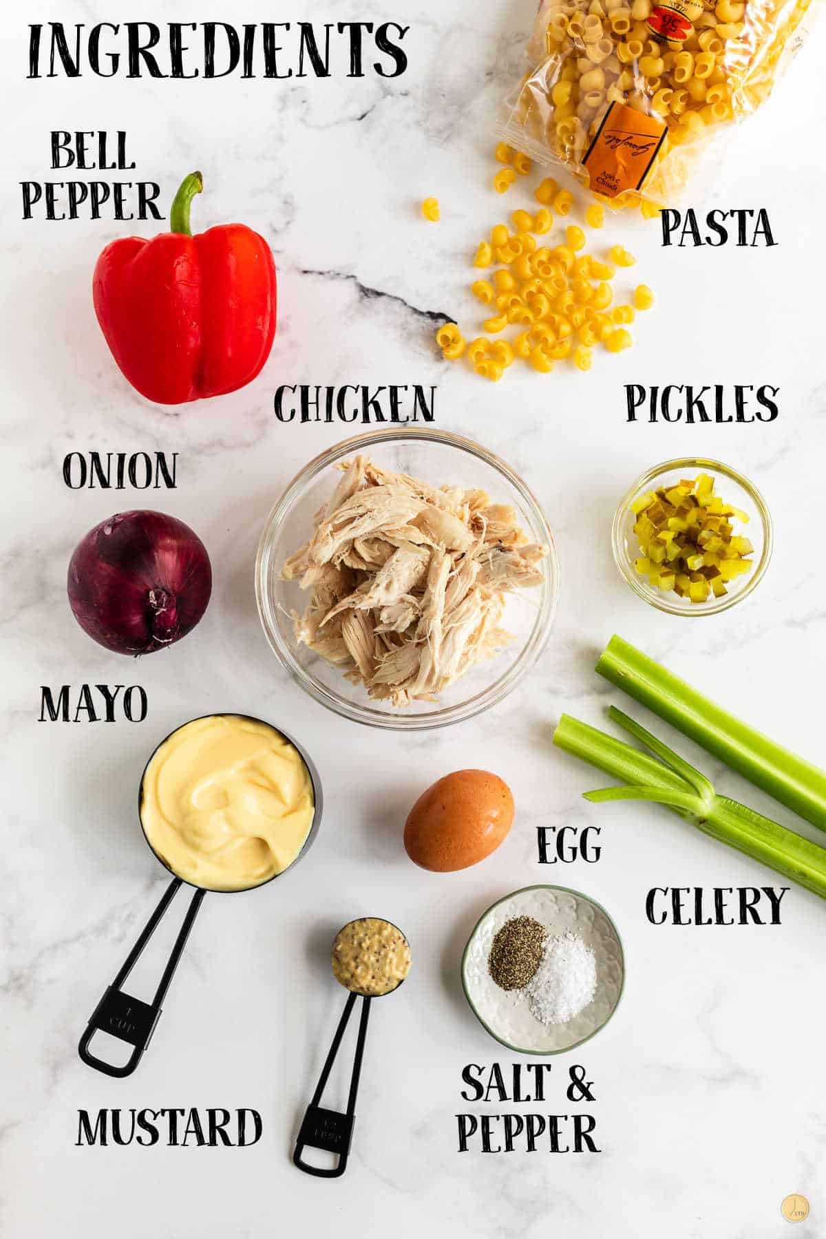 labeled picture of macaroni salad ingredients