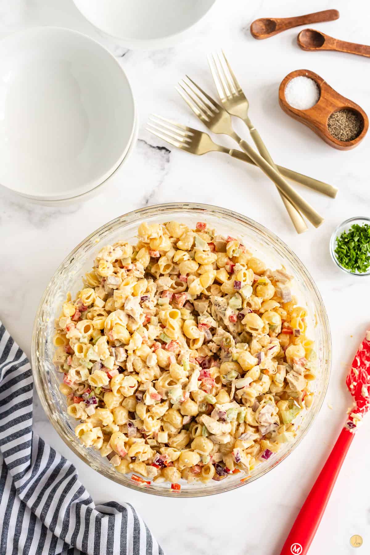 chicken macaroni salad in a bowl