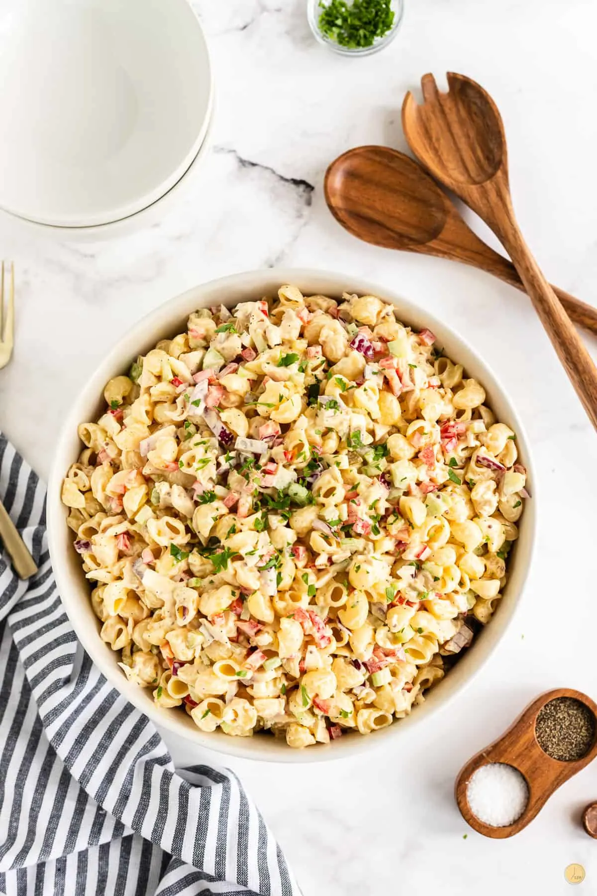 chicken macaroni salad in a bowl for summer bbqs