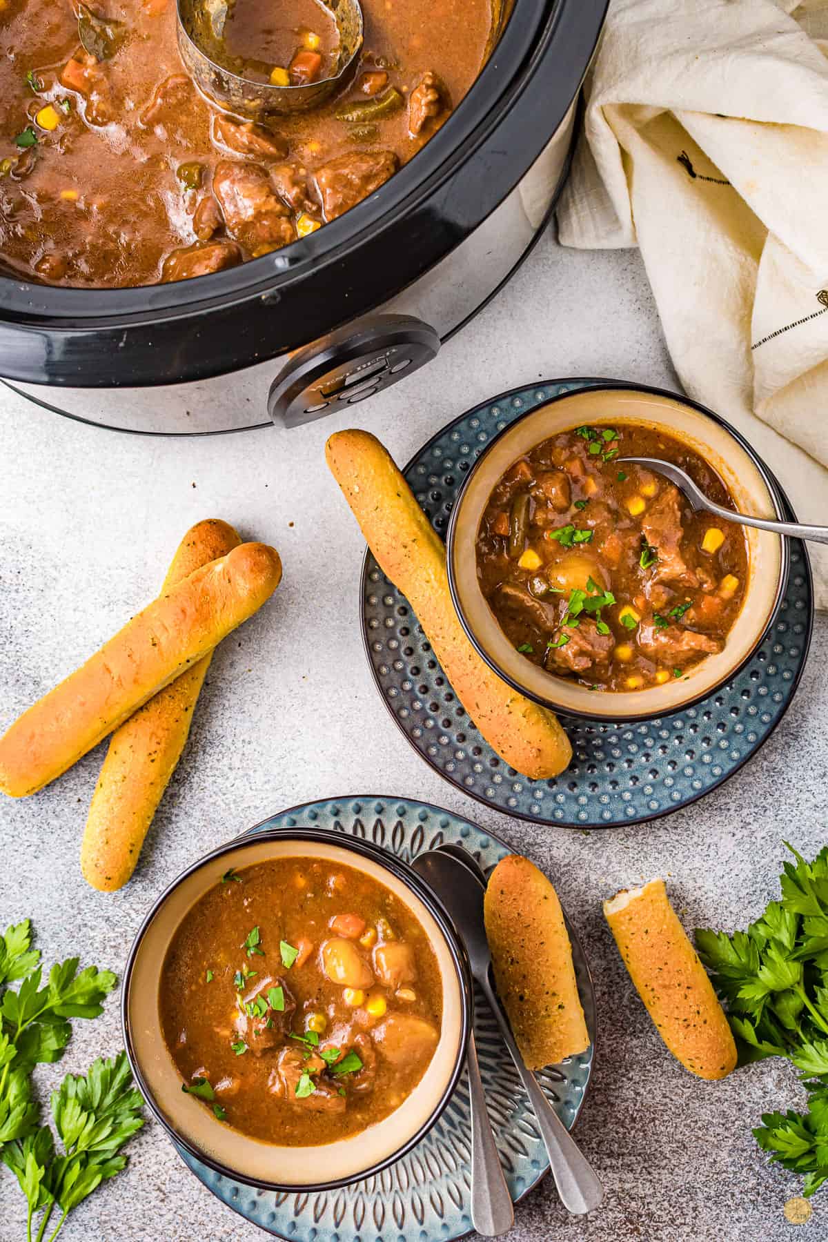 crock pot beef stew in bowls