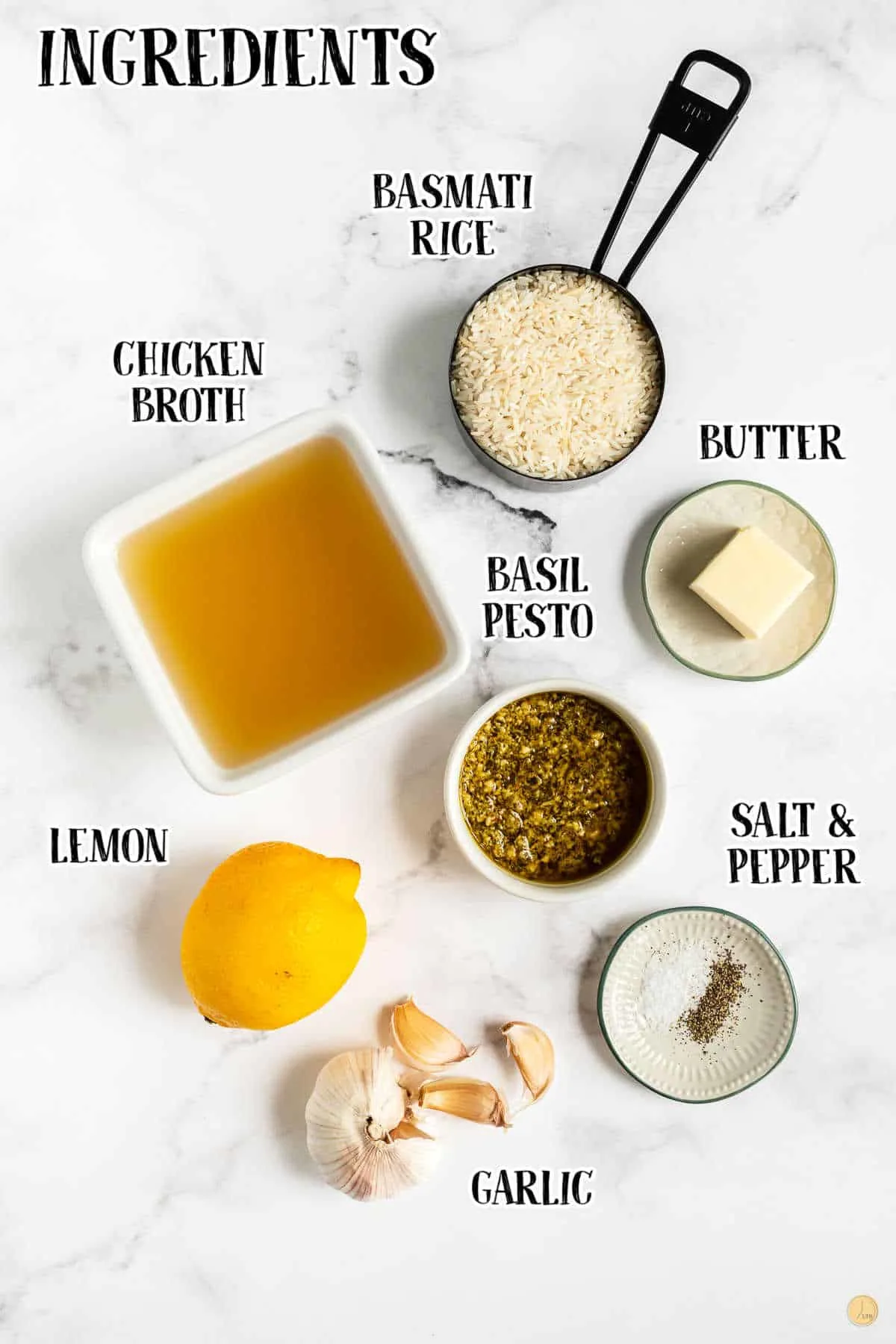 labeled picture of pesto rice ingredients