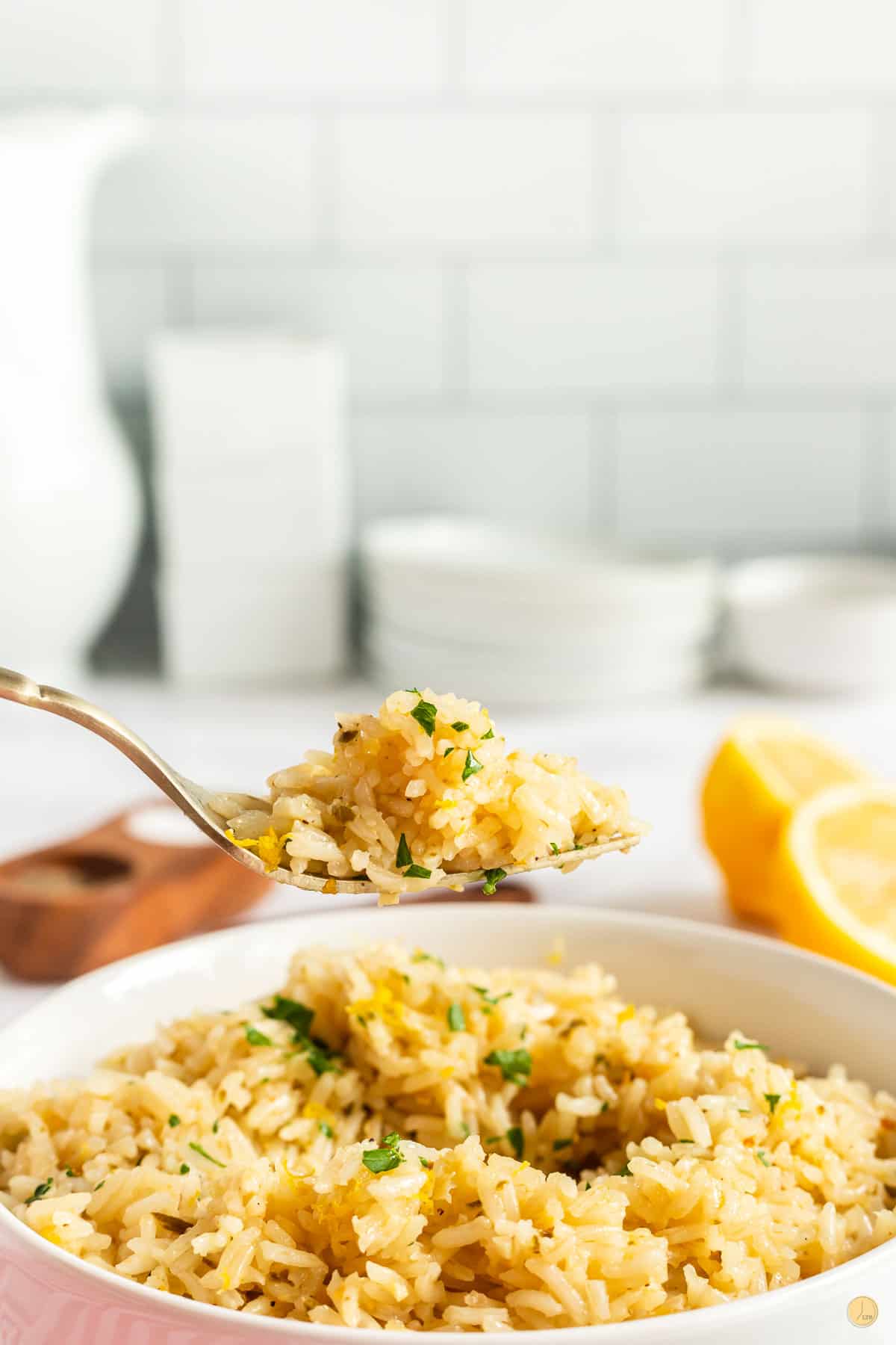 fork of rice with a bowl