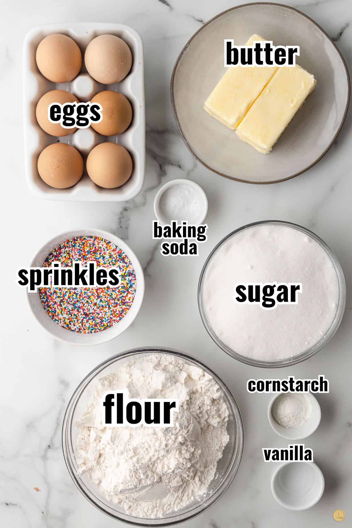 sprinkle cookies ingredients in individual bowls