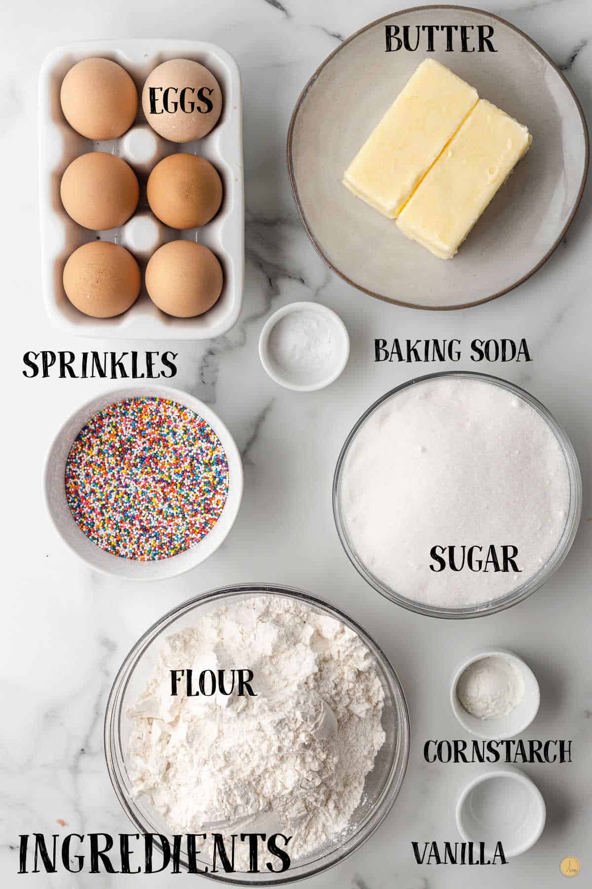 labeled picture of sprinkle cookie ingredients