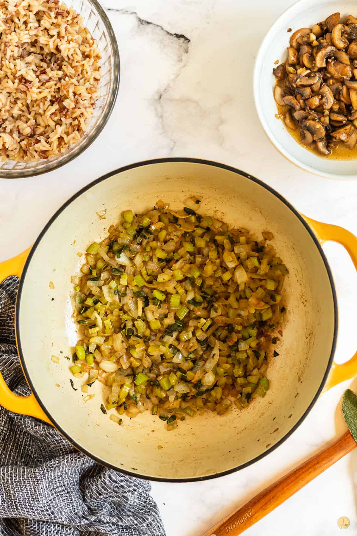 cooked onion & celery in a pot