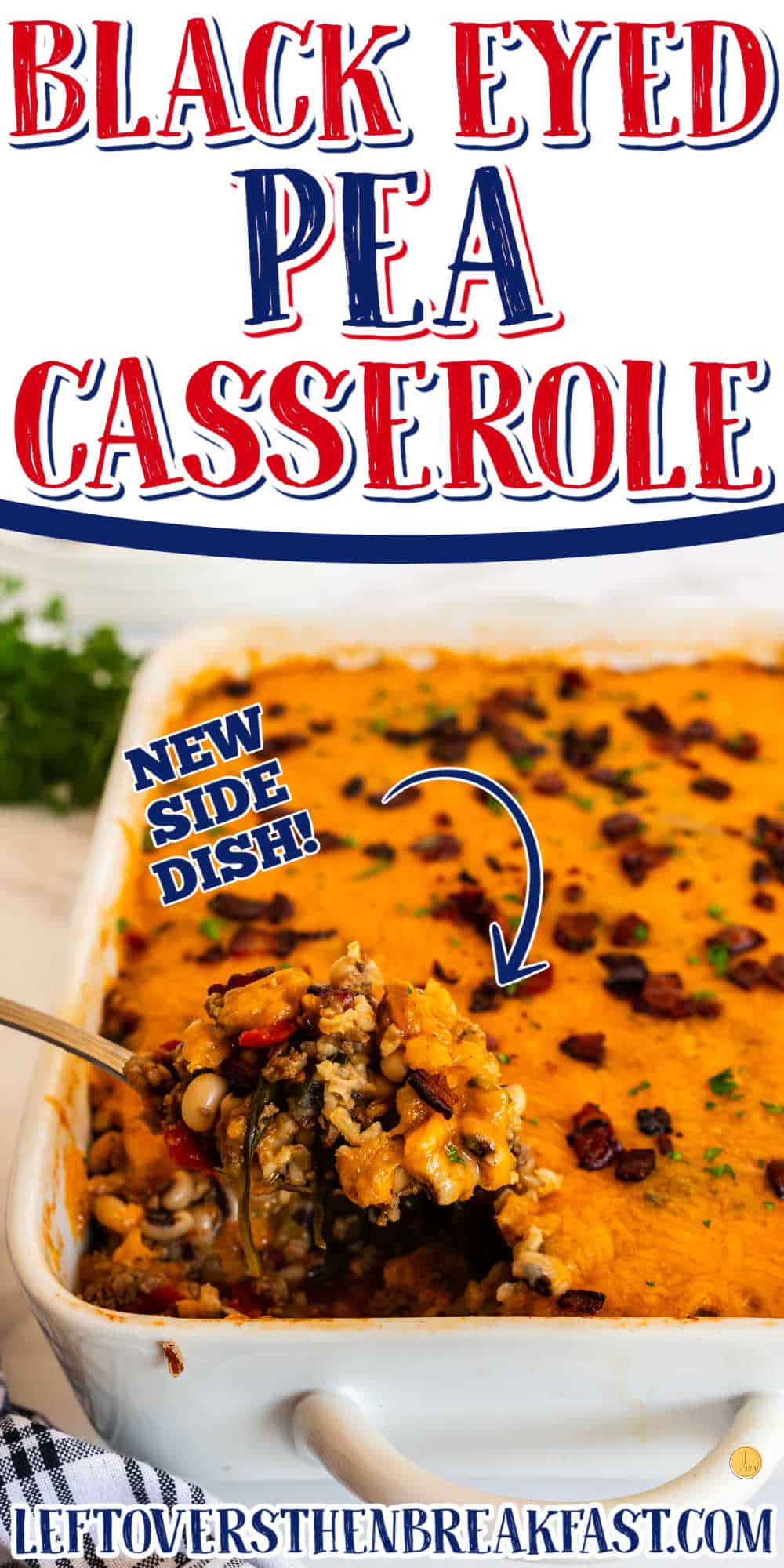 spoon of black eyed pea casserole with test "new side dish"