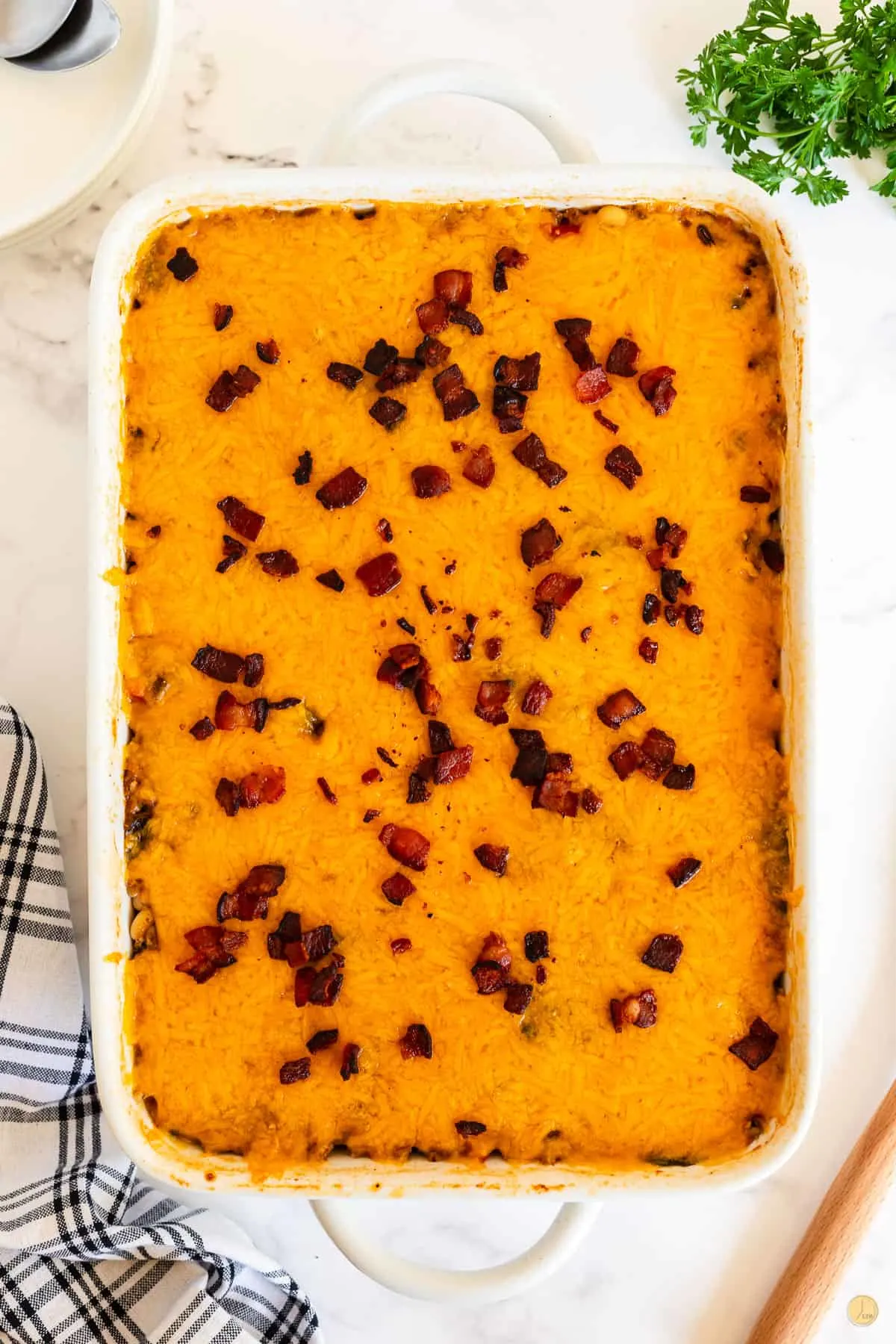 cooked casserole in a white dish