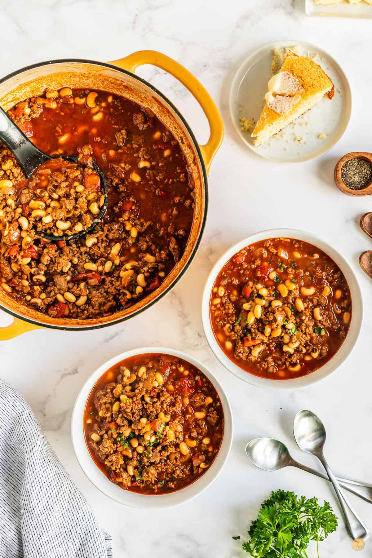 two bowls of black eyed pea chili