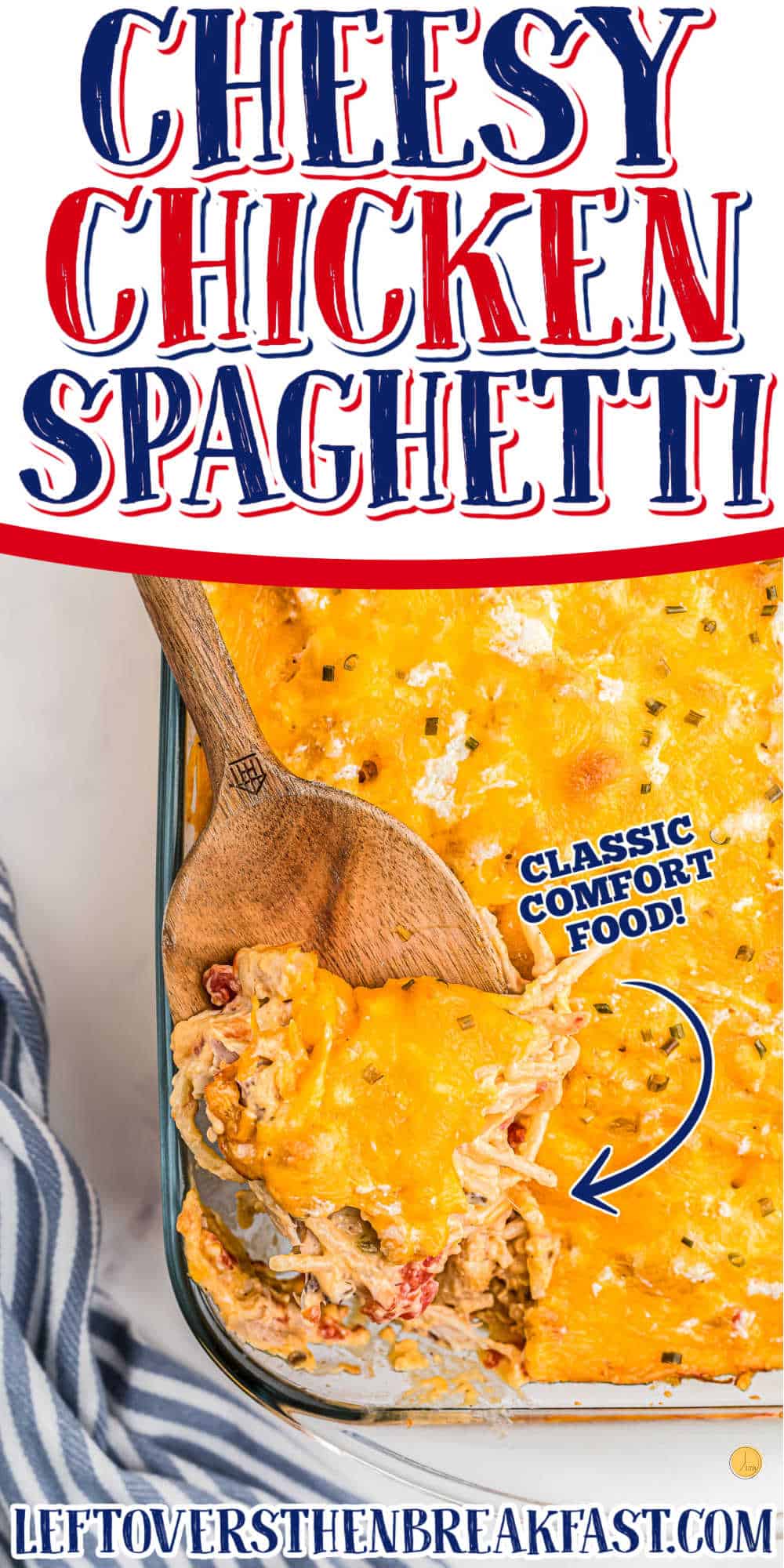 spoon of chicken spaghetti with text "cheesy"
