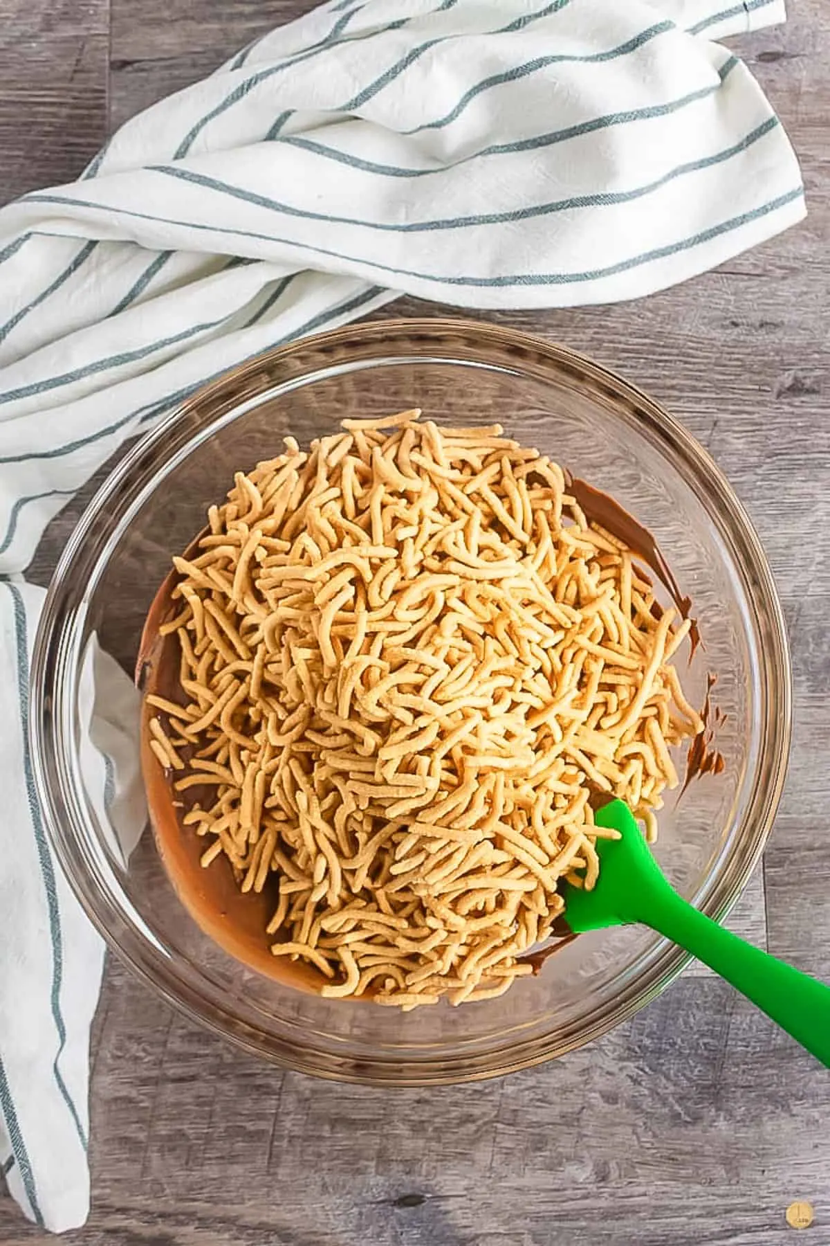 chow mein noodles in a bowl with chocolate