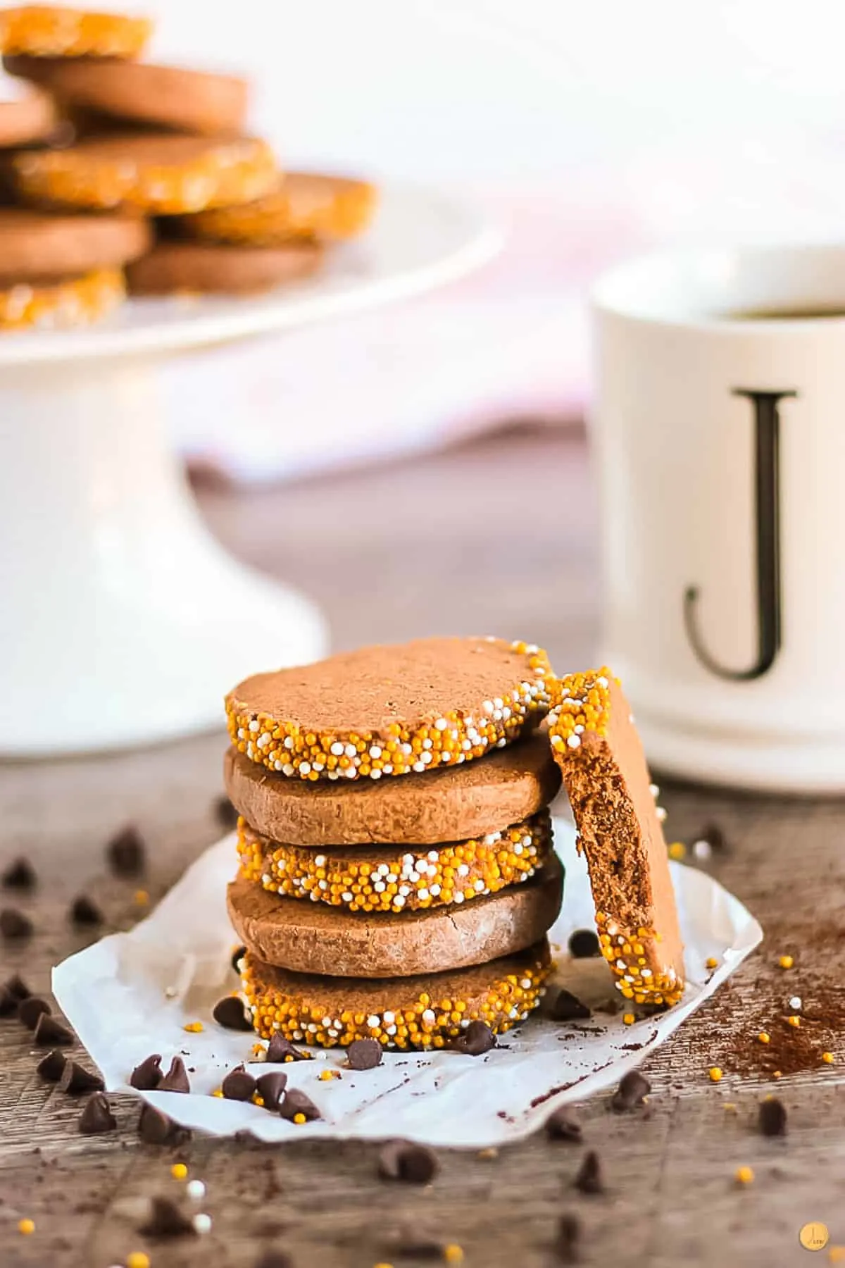 chocolate icebox cookies and a coffee cup