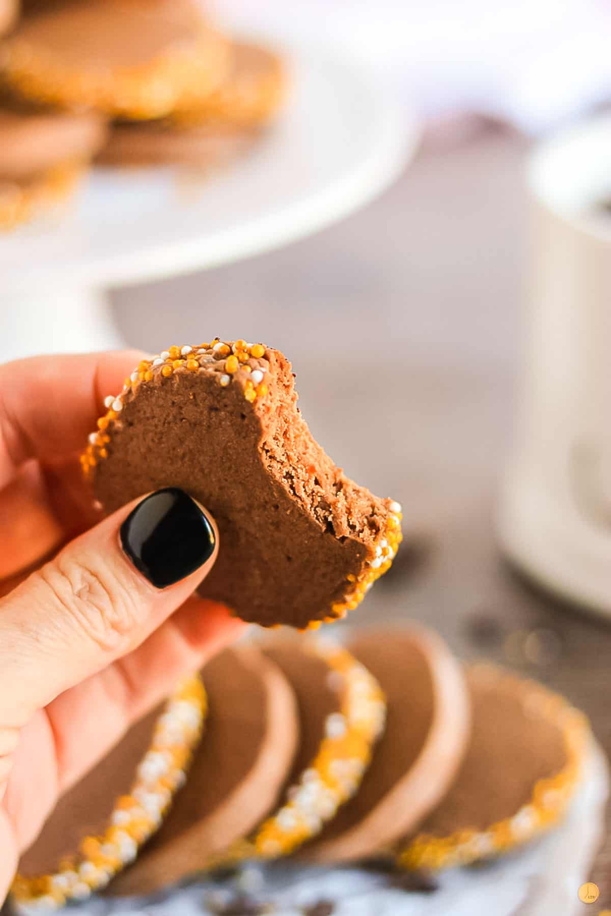 hand holding a cookie with a bite missing