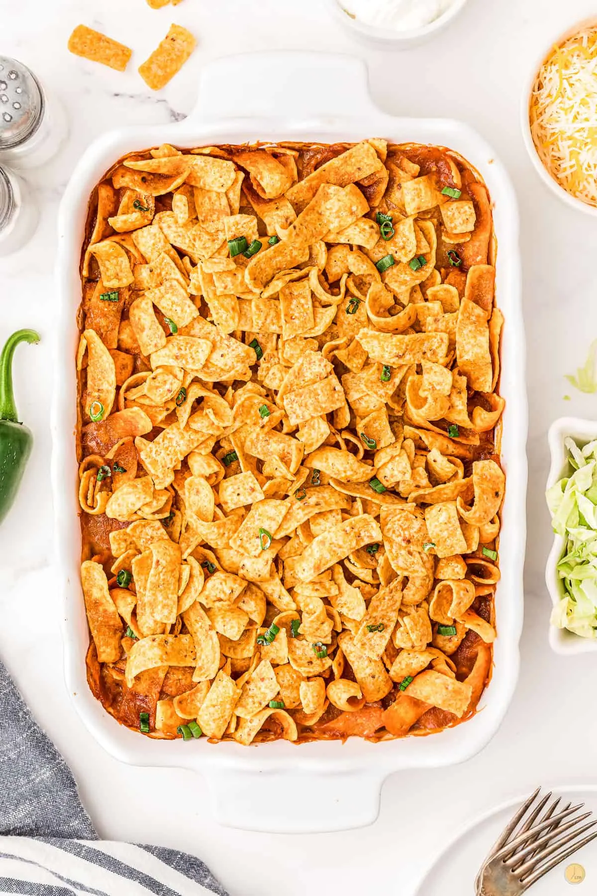 baked frito casserole in dish