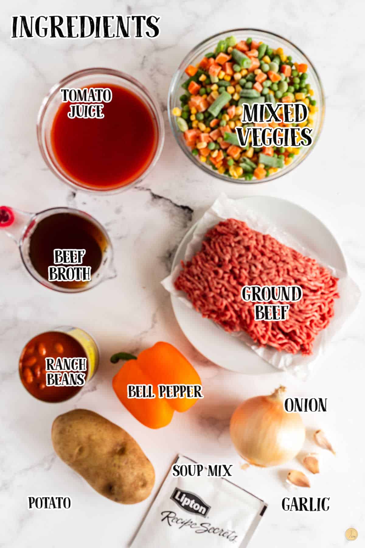 labeled picture of hobo stew ingredients like baby carrots, large onion, and lima beans