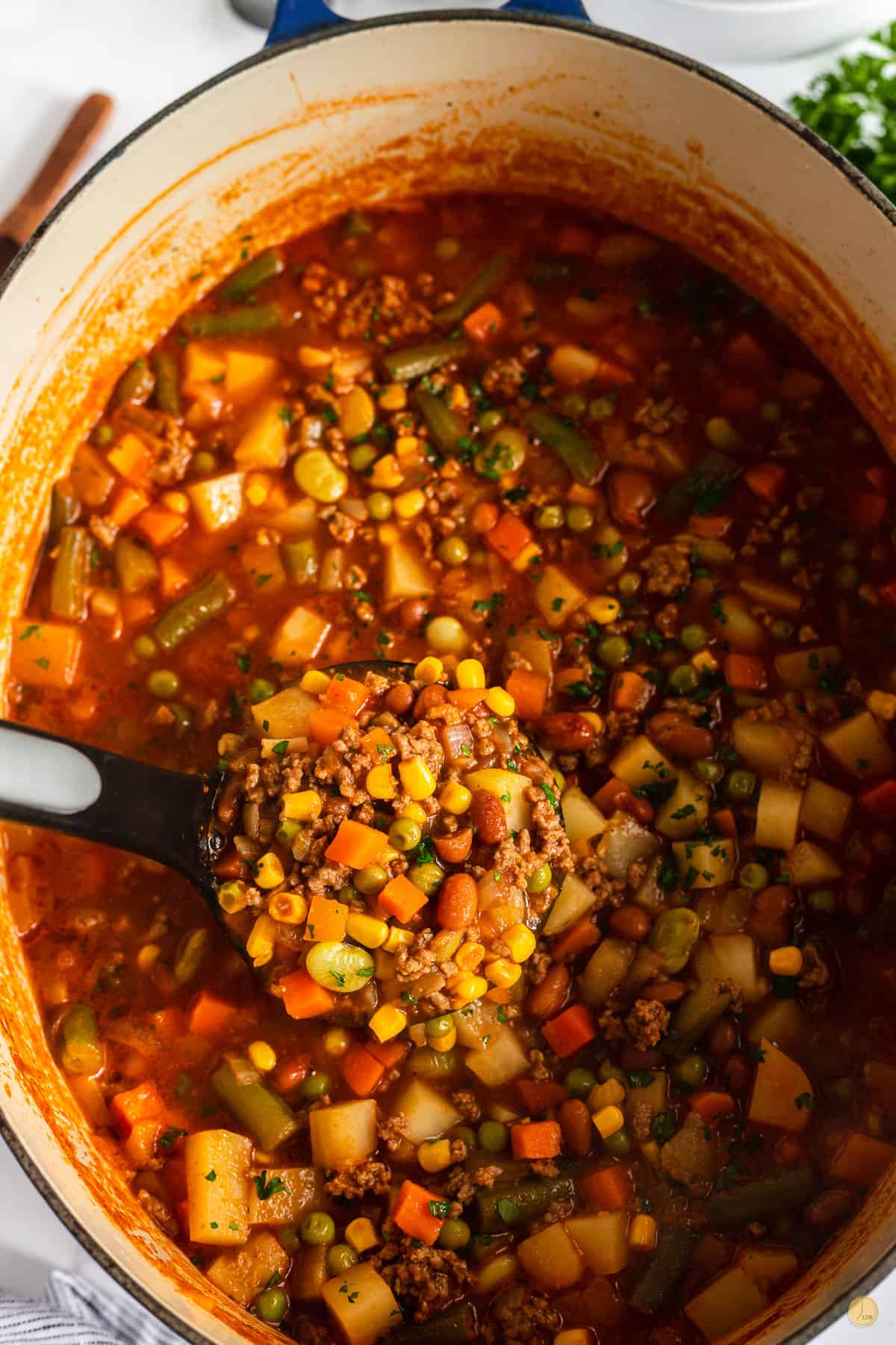 ladle of stew over a pot