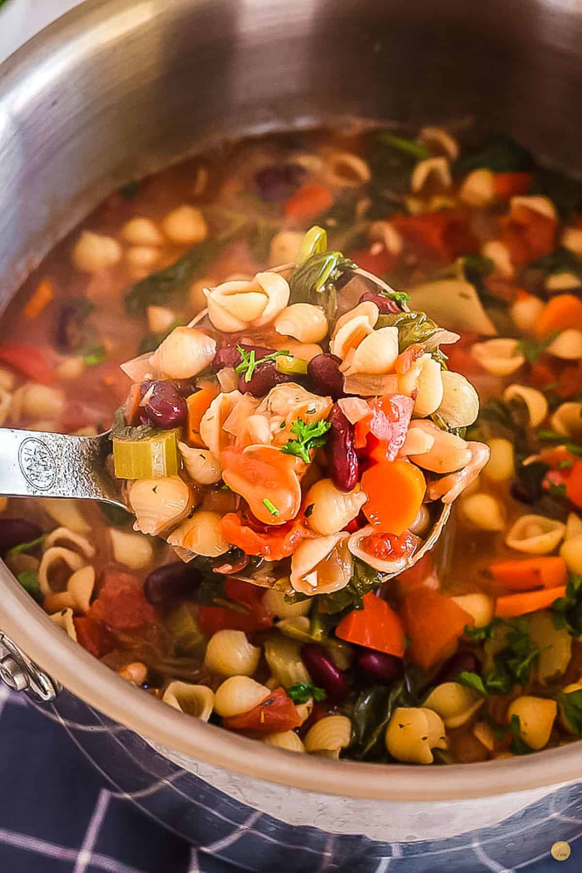 close up of ladle full of soup