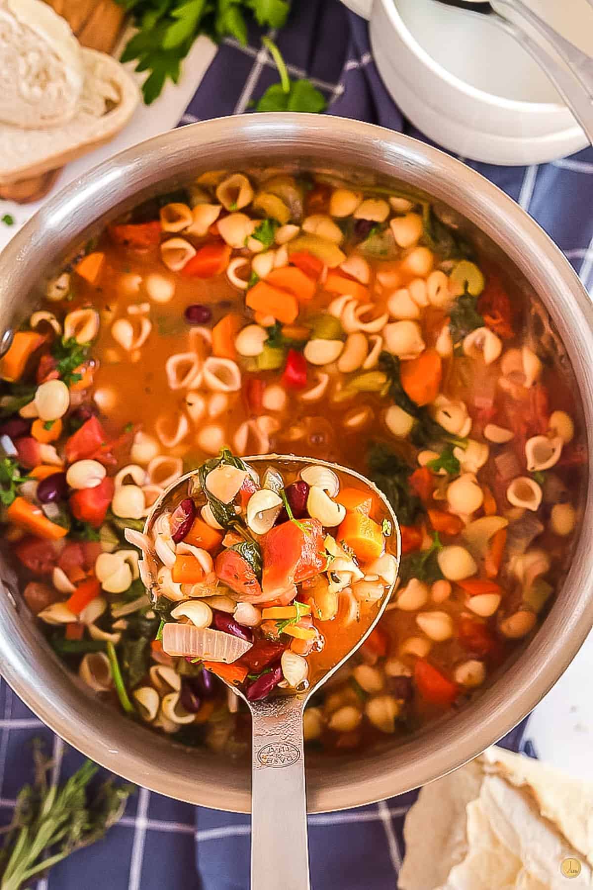 italian minestrone soup pot with ladle on top