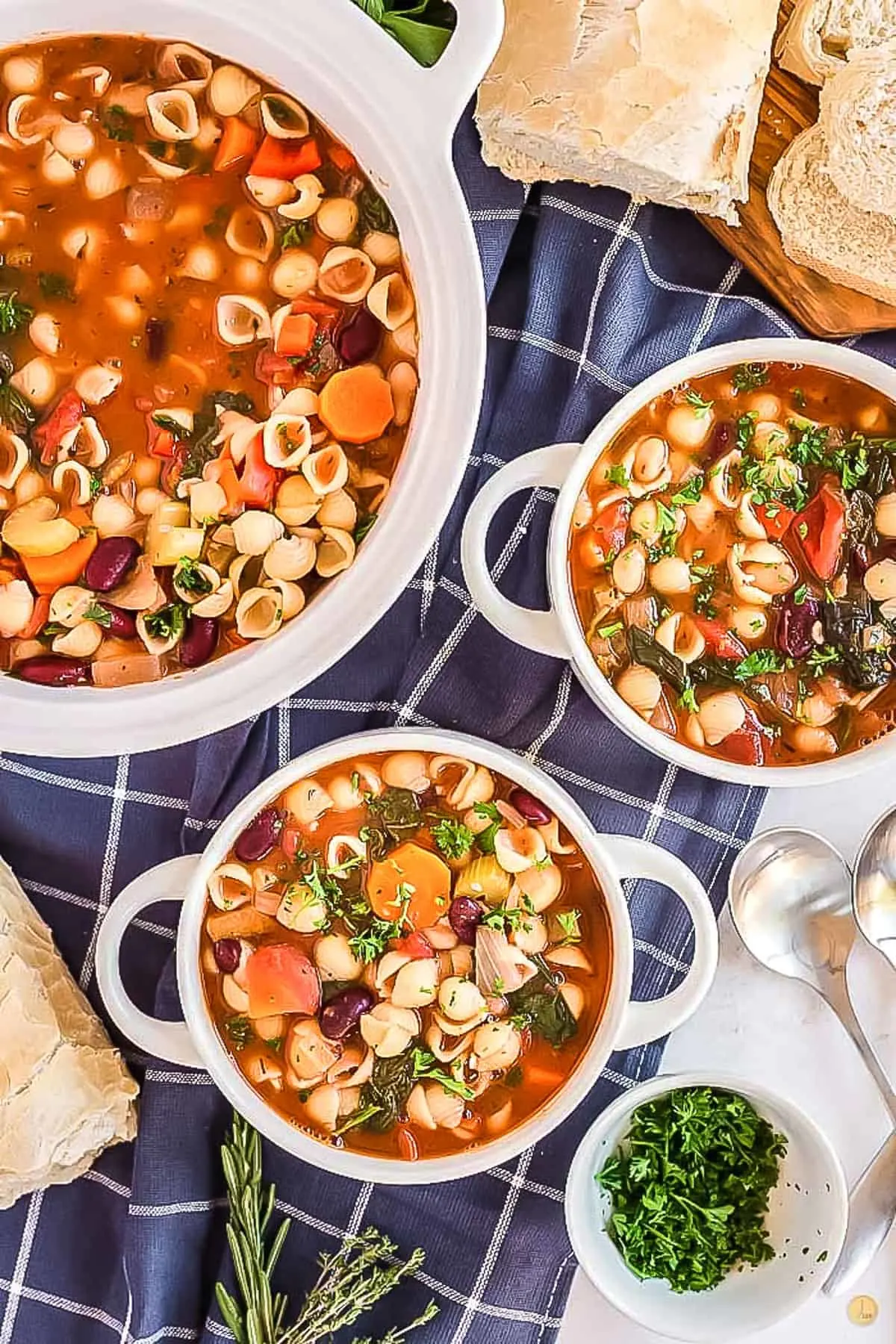 overhead picture of two bowls of italian minestrone soup next to a pot of soup