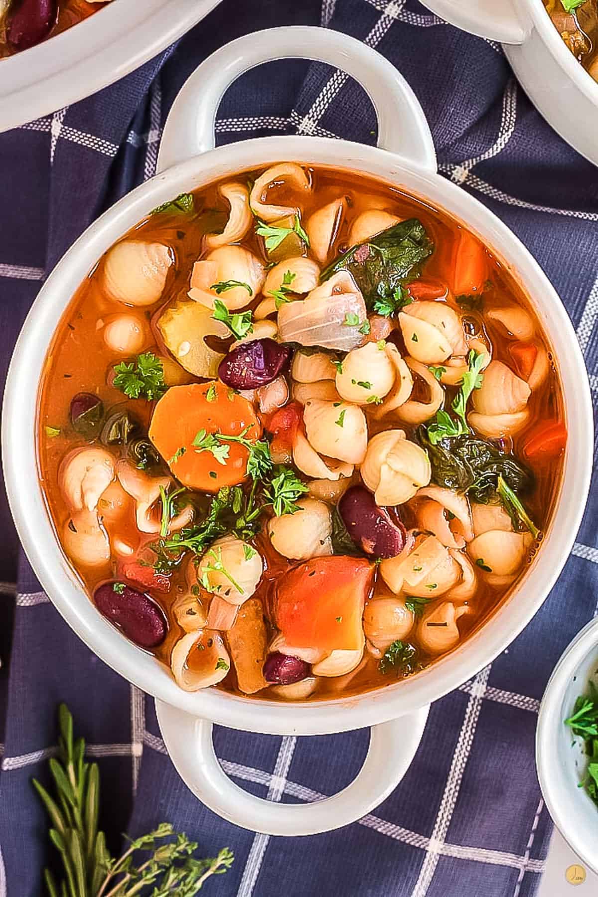 overhead picture of white bowl filled with soup