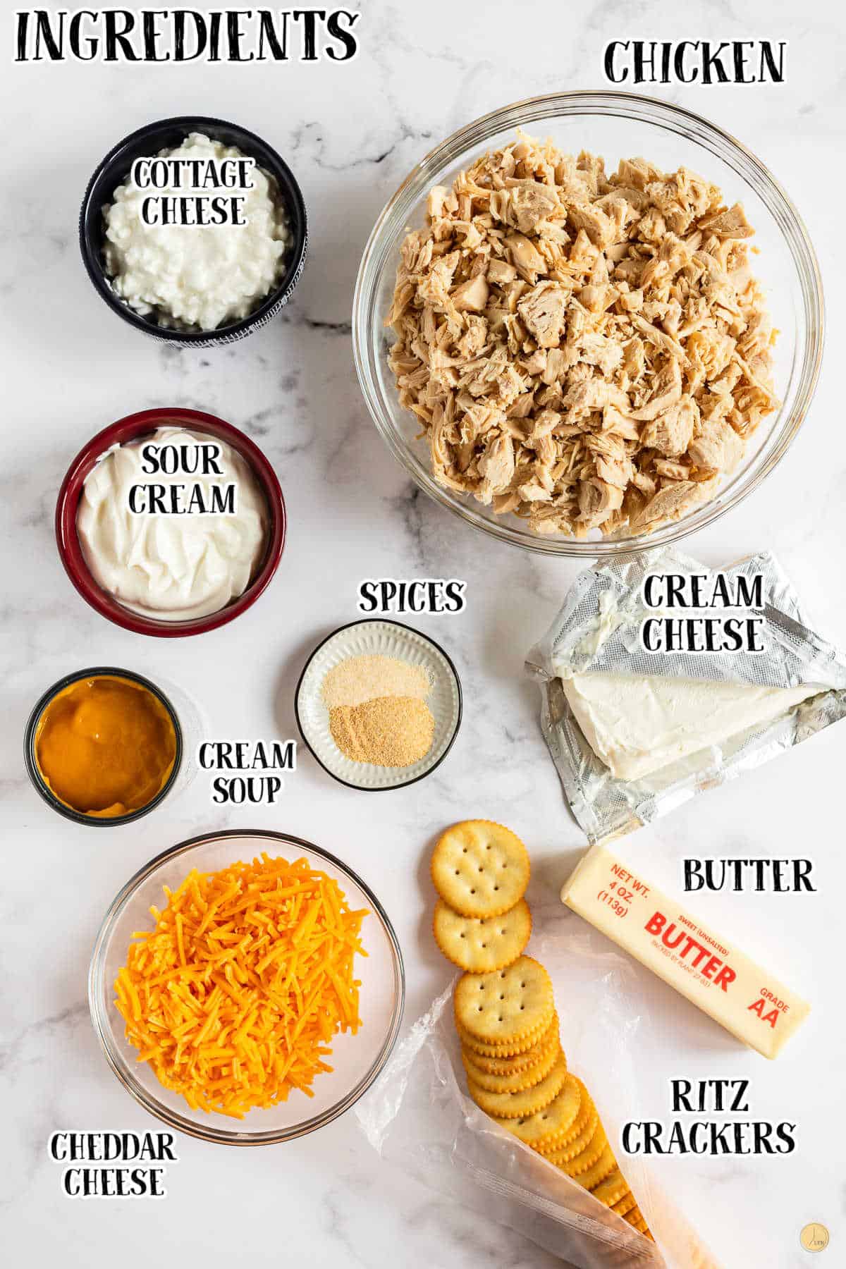 labeled picture of chicken casserole ingredients