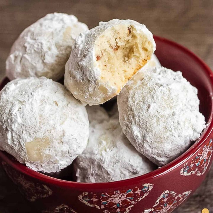 white cookies in a red bowl
