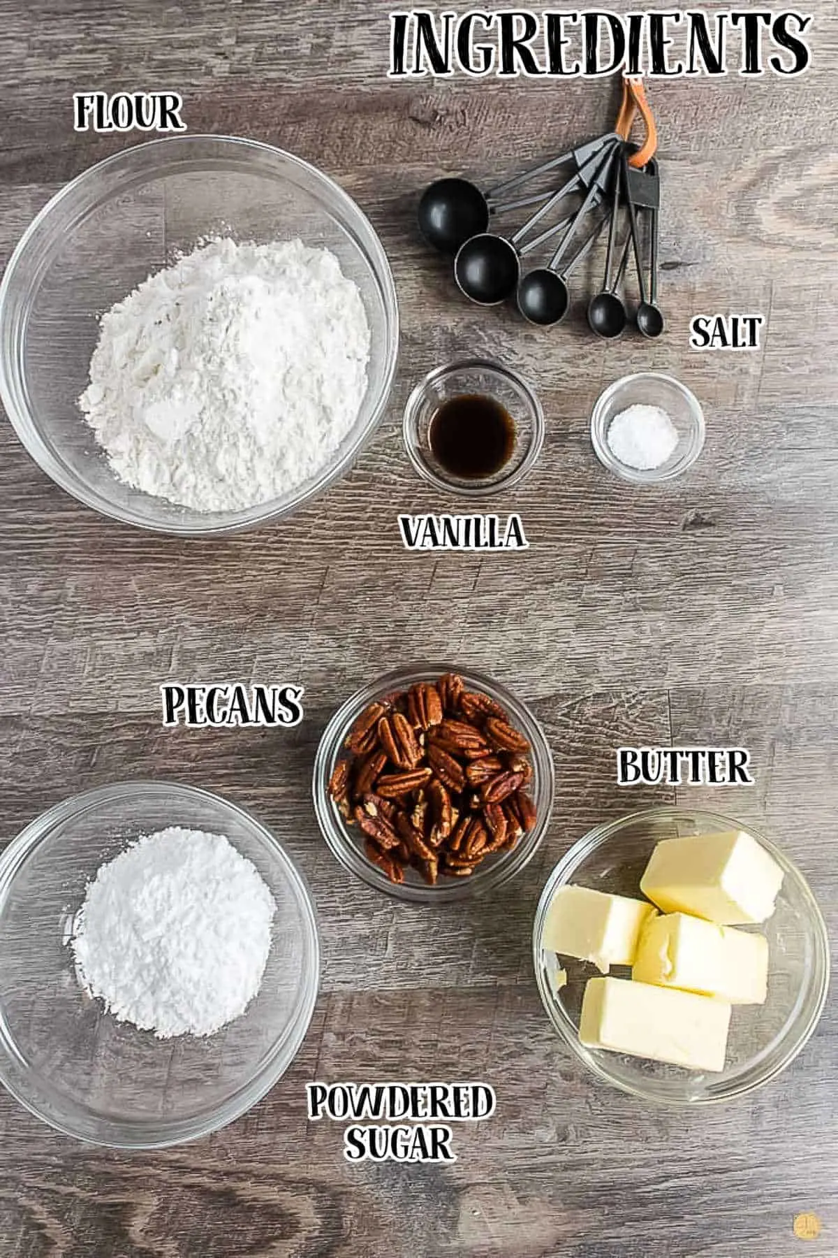 labeled picture of pecan snowball cookie ingredients