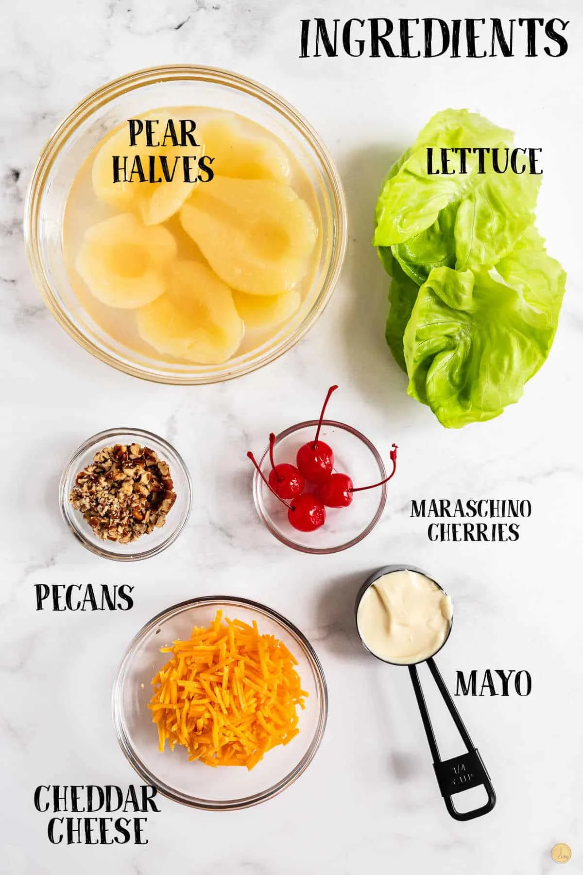 labeled picture of pear salad ingredients